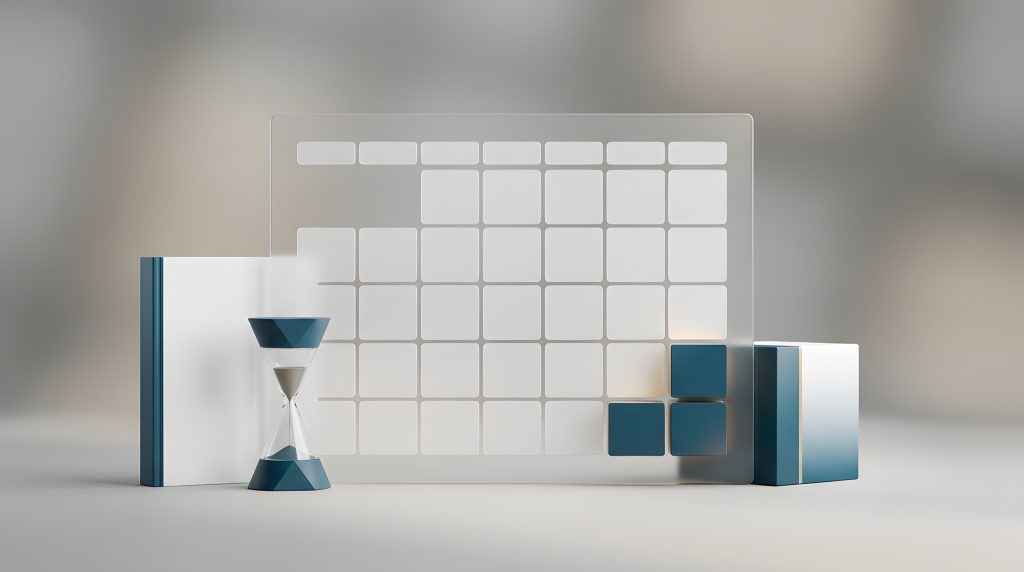Calendario con el ultimo bloque destacado, reloj de arena y libro contable cerrado