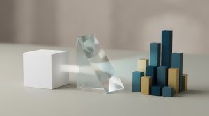 Cubo blanco atravesando un prisma que lo separa en bloques de distinto tamano