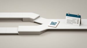 Dos caminos que se unen en uno solo hacia un calendario, con una factura con código QR